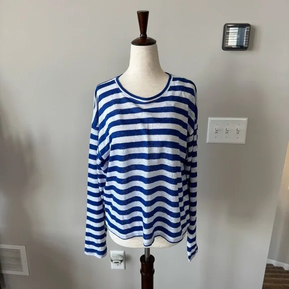 NWT! J. Crew New relaxed linen long-sleeve T-shirt in stripe - Royal Blue/White - Picture 3 of 7